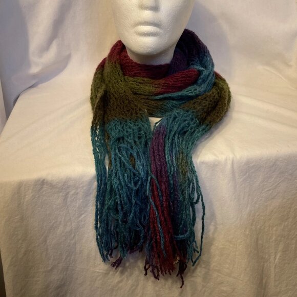 Oversized Knit Scarf 94" x 18" Teal Purple Magenta Fringed Boho Wrap Open Weave - Picture 2 of 8